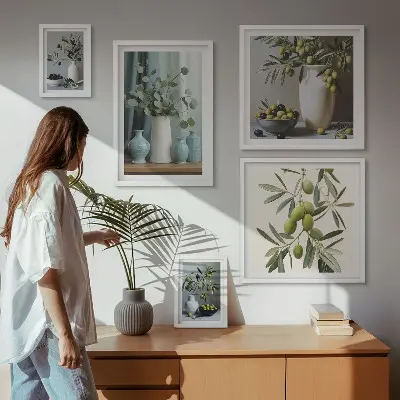 Dekorace Zelené olivy ve váze v rámu jako polyptych