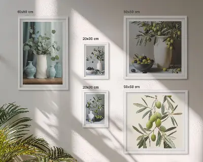 Dekorace Zelené olivy ve váze v rámu jako polyptych