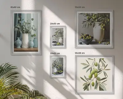 Sada obrazů do ložnice zelené olivy s květinovým motivem ve skandinávském stylu