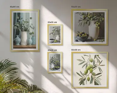 Sada obrazů do ložnice zelené olivy s květinovým motivem ve skandinávském stylu