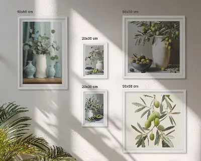 Sada obrazů do ložnice zelené olivy s květinovým motivem ve skandinávském stylu