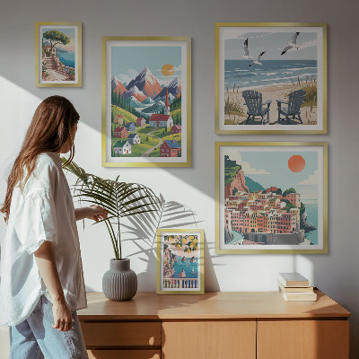 Sada obrazů do ložnice Retro horské a mořské krajiny