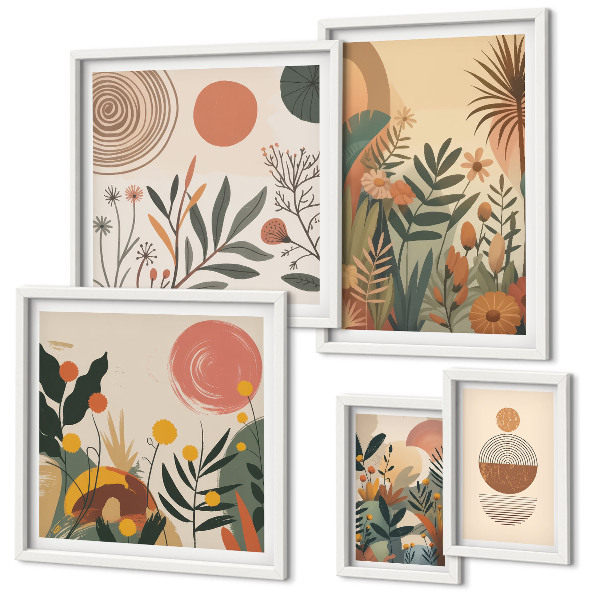 Sada obrazů do ložnice Abstraktní boho rostlinné motivy