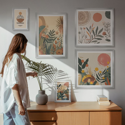 Sada obrazů do ložnice Abstraktní boho rostlinné motivy