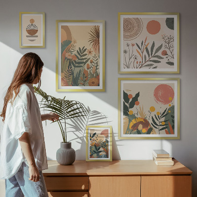 Sada obrazů do ložnice Abstraktní boho rostlinné motivy