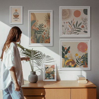 Sada obrazů do ložnice Abstraktní boho rostlinné motivy