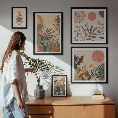 Sada obrazů do ložnice Abstraktní boho rostlinné motivy