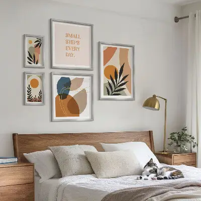 Sada obrazů do ložnice stylová abstraktní grafika s motivem rostlin