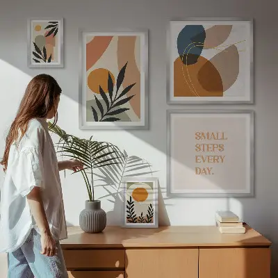 Sada obrazů do ložnice stylová abstraktní grafika s motivem rostlin