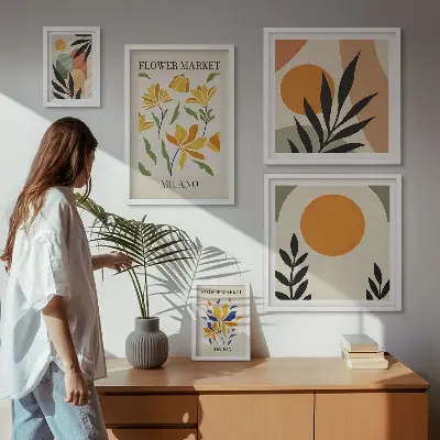 Abstraktní květiny v boho stylu poliptyk v rámu