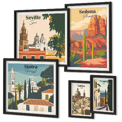 Turistické krajiny světa v rámu jako poliptyk