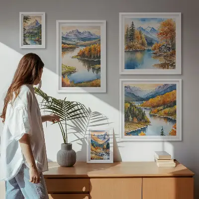 Horské řeky a podzimní stromy poliptyk v rámu