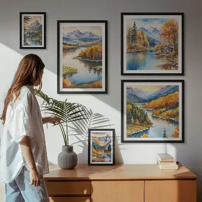 Horské řeky a podzimní stromy poliptyk v rámu