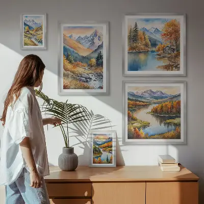 Podzimní hory, řeky a domy poliptyk v rámu