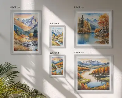 Podzimní hory, řeky a domy poliptyk v rámu