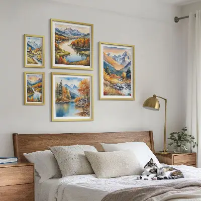 Podzimní hory, řeky a domy poliptyk v rámu