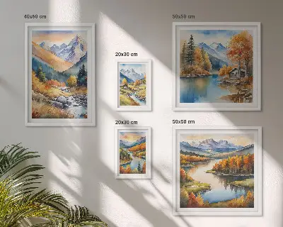 Podzimní hory, řeky a domy poliptyk v rámu