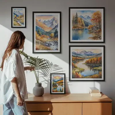 Podzimní hory, řeky a domy poliptyk v rámu