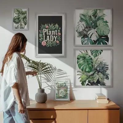 Sada obrazů do ložnice v boho stylu s motivem zelených rostlin