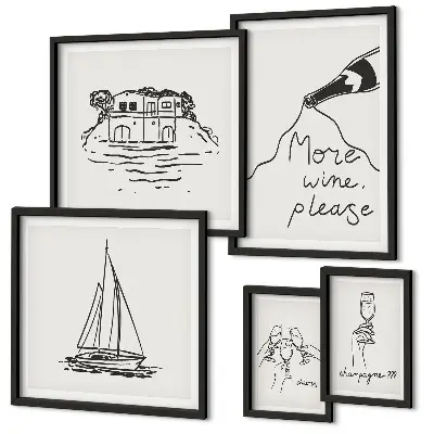 Sada obrazů do ložnice stylová grafika s motivem vína pro relaxaci