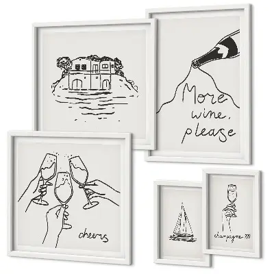 Sada obrazů do ložnice stylové ilustrace s motivem přípitku vínem