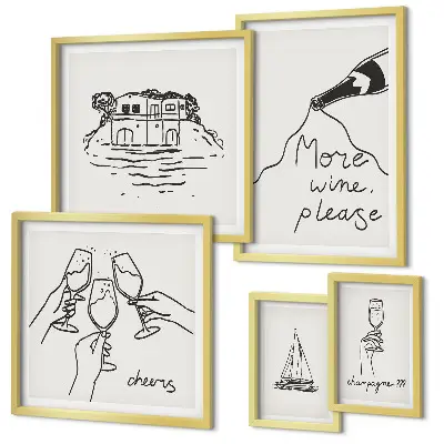 Sada obrazů do ložnice stylové ilustrace s motivem přípitku vínem