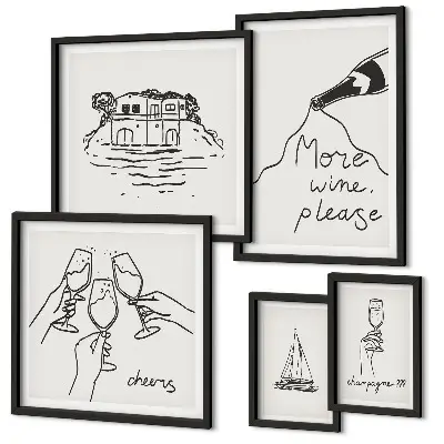 Sada obrazů do ložnice stylové ilustrace s motivem přípitku vínem
