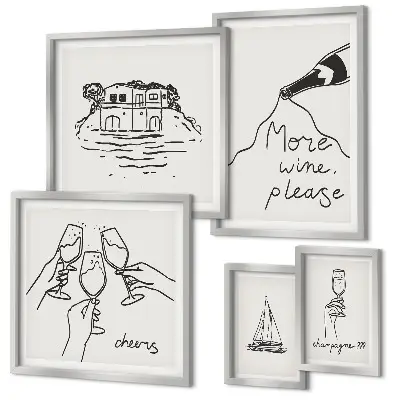 Sada obrazů do ložnice stylové ilustrace s motivem přípitku vínem