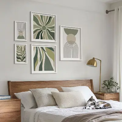 Sada obrazů do ložnice stylové abstrakce se zelení
