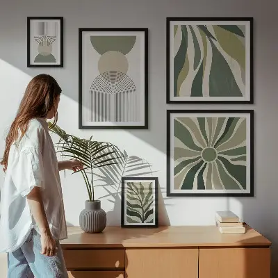 Sada obrazů do ložnice stylové abstrakce se zelení