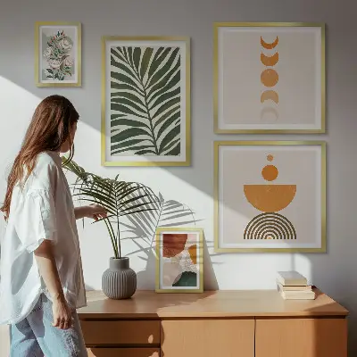 Sada obrazů do ložnice s rostlinnými boho vzory a tvary