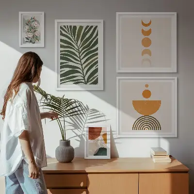 Sada obrazů do ložnice s rostlinnými boho vzory a tvary