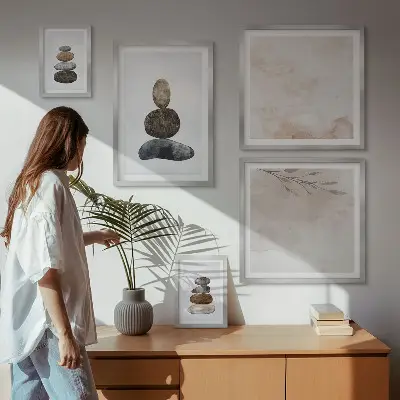 Sada obrazů do ložnice dekorativní malby s motivem hromad kamenů v boho stylu