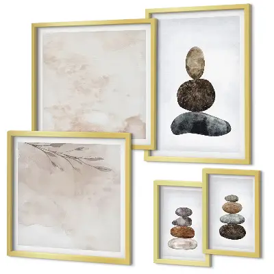 Sada obrazů do ložnice dekorativní malby s motivem hromad kamenů v boho stylu