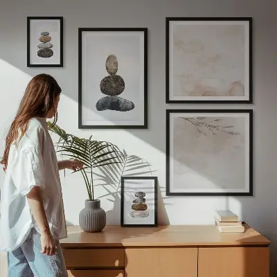 Sada obrazů do ložnice dekorativní malby s motivem hromad kamenů v boho stylu