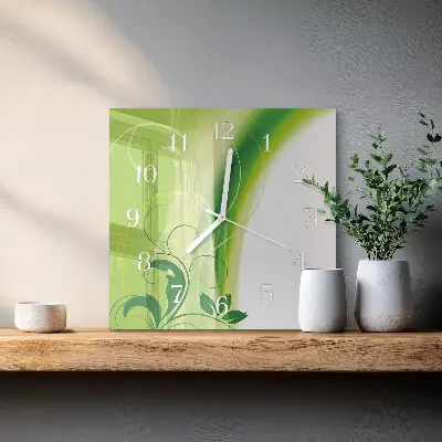 Čtvercové skleněné hodiny na zeď Květinový vzor