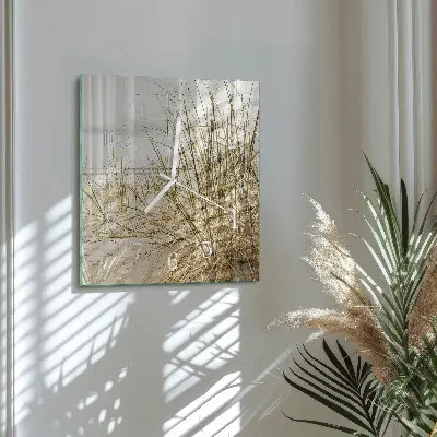 Čtvercové skleněné hodiny na zeď Plážová tráva