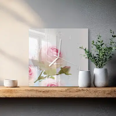 Čtvercové skleněné hodiny na stěnu Růže