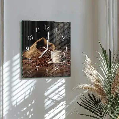 Hodiny s fotkou skleněné čtvercové Kávová zrna