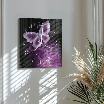 Čtvercové skleněné hodiny na zeď Motýl