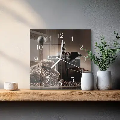 Čtvercové skleněné hodiny na stěnu Mlýnek na kávu