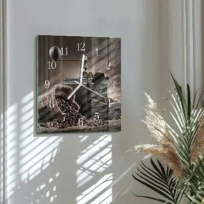 Čtvercové skleněné hodiny na stěnu Mlýnek na kávu