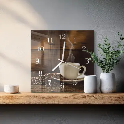 Čtvercové skleněné hodiny na zeď Káva