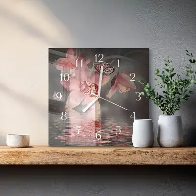 Čtvercové skleněné hodiny na zeď Orchidej