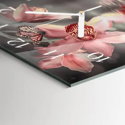 Čtvercové skleněné hodiny na zeď Orchidej