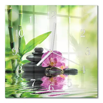 Čtvercové skleněné hodiny na zeď Lázně s orchidejími