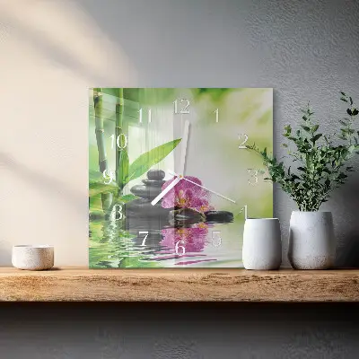 Čtvercové skleněné hodiny na zeď Lázně s orchidejími
