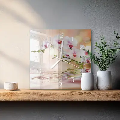 Čtvercové skleněné hodiny na stěnu Orchidej