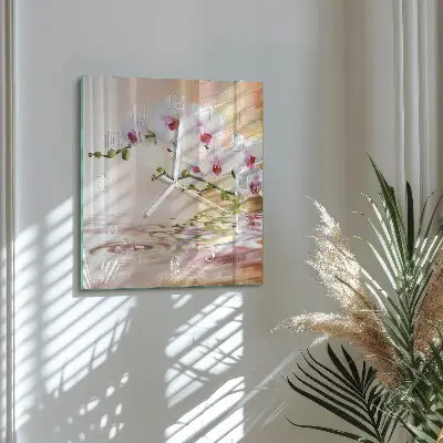 Čtvercové skleněné hodiny na stěnu Orchidej