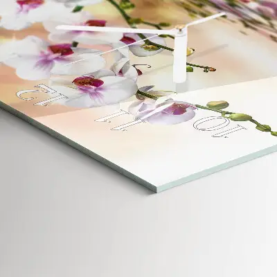 Čtvercové skleněné hodiny na stěnu Orchidej